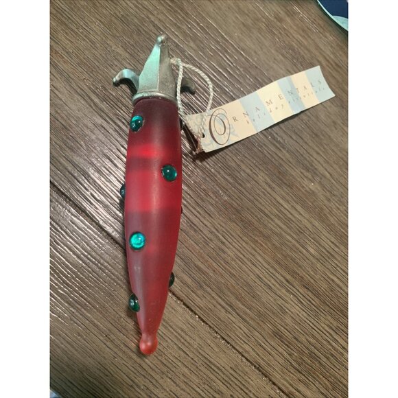 John Toole Ornament Handmade Glass Red Frosted Glass Green Rhinestones NEW w Tag - Picture 2 of 10